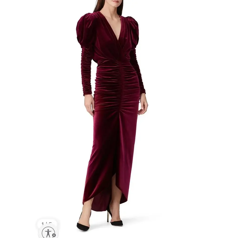 Ronny Kobo Alicia Velvet Midi Dress Burgundy Red Long Sleeve XL Sheath